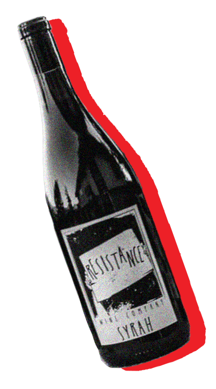 A bottle of Resistance Syrah from Kirk's winery, Resistance Wine Company