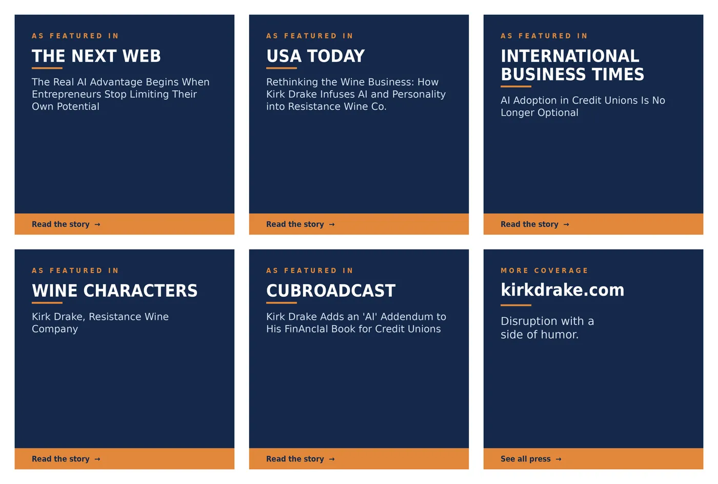 Kirk Drake press coverage in The Next Web, USA Today, International Business Times, Wine Characters, CUbroadcast