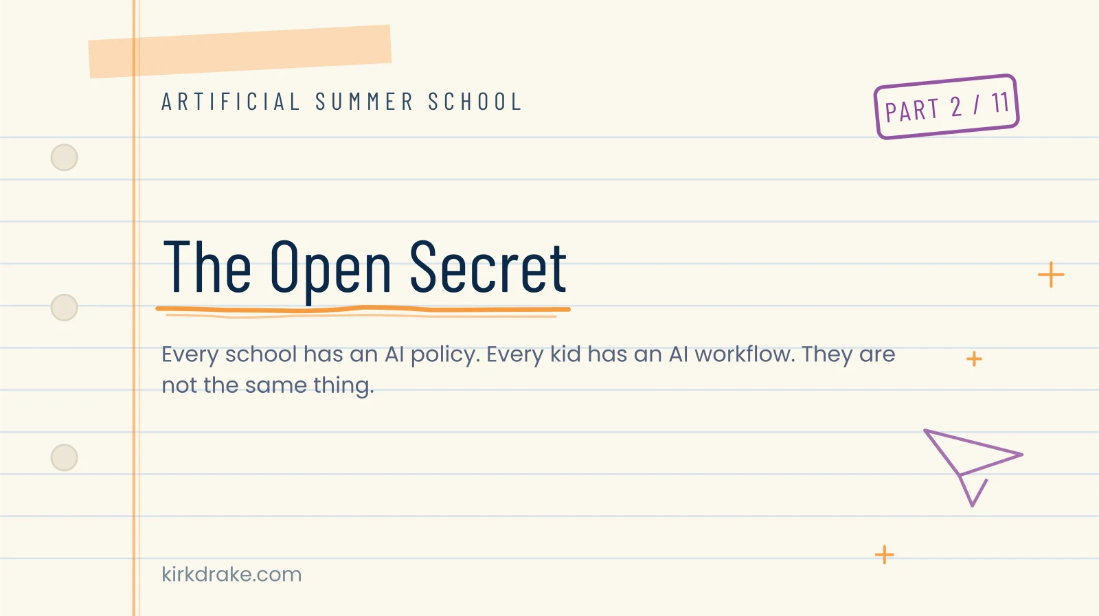 Artificial Summer School series banner in navy and orange. Part 2 of 11: The Open Secret.